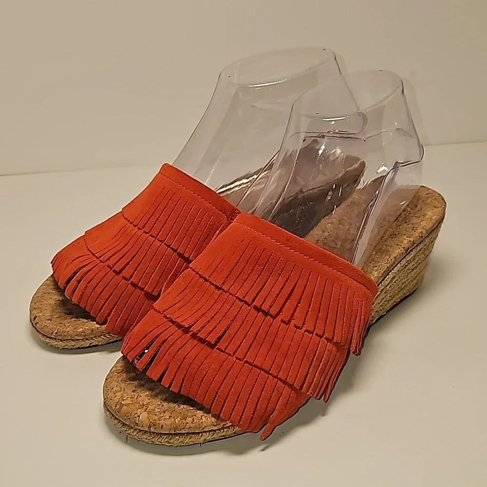 UGG Kendra Wedge Sandals Slides Espadrilles Suede Leather Fringe Cork Orange 7